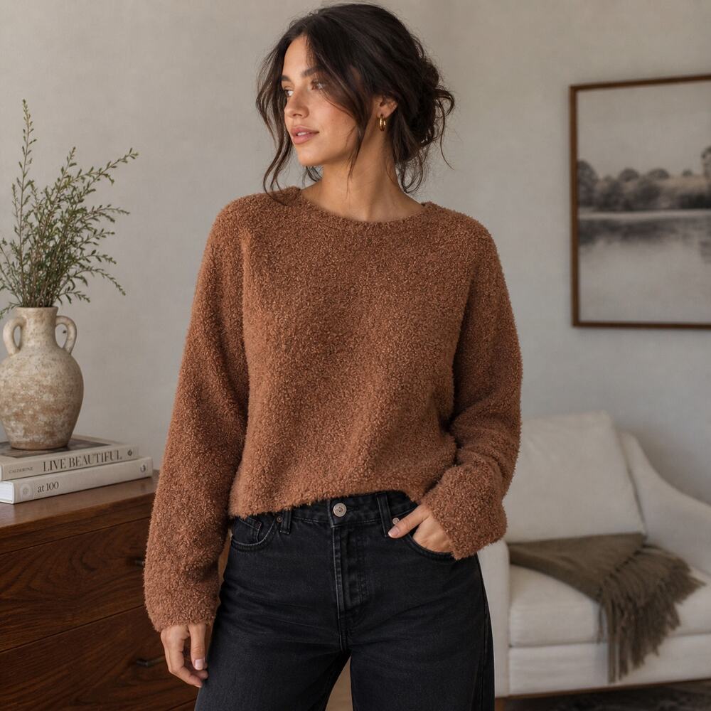 Uniqlo Size M Teddy Fleece Pullover Rust Brown Cozy Soft Girl Lounge Sweater